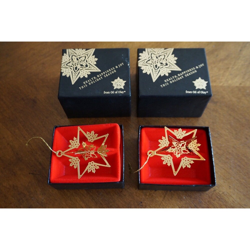 Vintage Lot of 2 1990s Gold Plated Promo Christmas Ornaments Oil Of Olay Star
